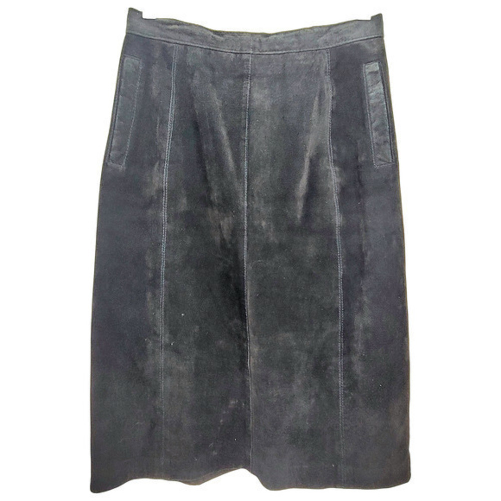 Bianca Vintage Leather Suede Pockets Back‎ Slit zip Modest Straight Midi Skirt